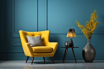 stylist and royal Modern interior room with armchair.Blue and yellow wall background