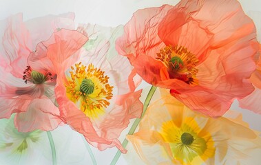 Close up of coral and pink poppies in the style of watercolor on a white background,