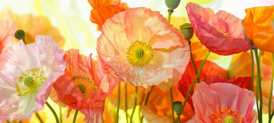 colorful poppy flowers in various shades, including pink and orange, on a soft yellow background