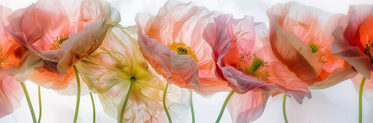 coral and pink poppies in the style of watercolor on a white background, with yellow, orange and green accents and soft lighting