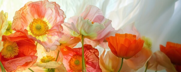 light pink and orange poppies in the style of watercolor on a white background, with vibrant colors and a soft pastel color palette
