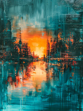 Abstract Painting of a City.  Generated Image.  A digital illustration of an abstract painting of a city at sunset as decorative art with reflections and a grid effect.