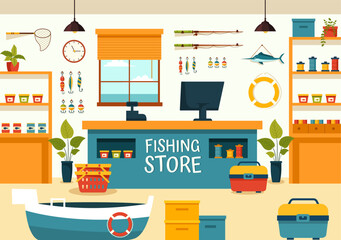 Fishing Store Vector Illustration with Selling Various Fishery Equipment, Bait, Fish Catching Accessories or Items on Flat Cartoon Background - obrazy, fototapety, plakaty