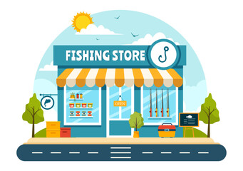 Fishing Store Vector Illustration with Selling Various Fishery Equipment, Bait, Fish Catching Accessories or Items on Flat Cartoon Background - obrazy, fototapety, plakaty