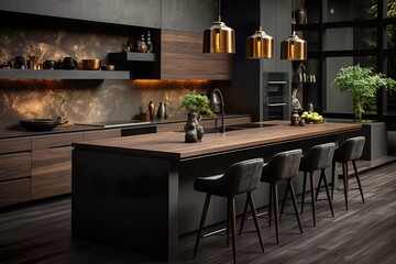 stylist and royal Modern minimalist kitchen equipped with a stylish look, with dark interior, space for text