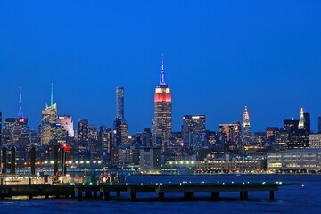 Fototapeta na wymiar Manhattan Skyline in evening. Sunset colors are still reflected off buildings.