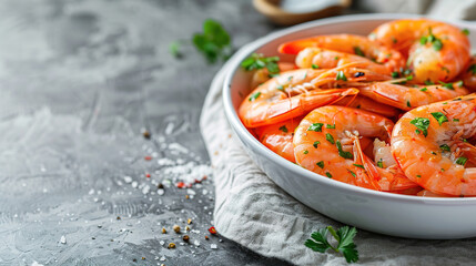 shrimp scampi, placed on a table in a dish, with empty copy space, grey background, food photography