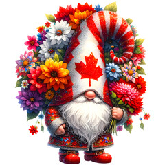 Canadian Gnome wearing red white pattern outfit decorated hat with beautiful flowers standing happily watercolor clip art. Independence day in canada theme.