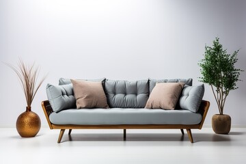 stylist and royal Modern scandinavian classic gray sofa with legs with pillows on isolated white...