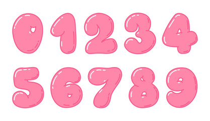 Bubble style pink numbers from 0 to 9. Childish plump digits. Y2K style. Preschool math game, milestones, birthday cards. Vector illustration isolated on white background