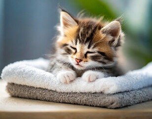 タオルの上で眠そうな三毛猫の子猫