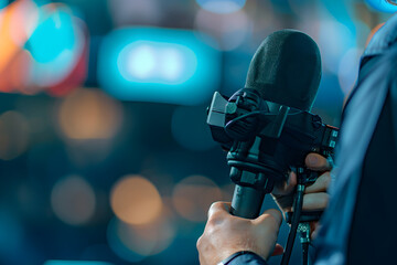 a close-up scene of a commentator holding a microphone, conveying the passion and energy of their commentary