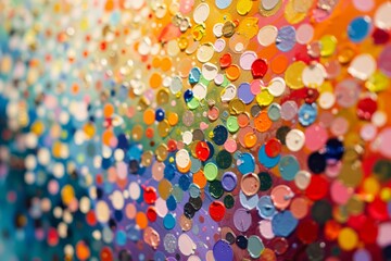 A close-up of a pointillist painting, focusing on the multitude of colorful dots creating a shimmering image - obrazy, fototapety, plakaty