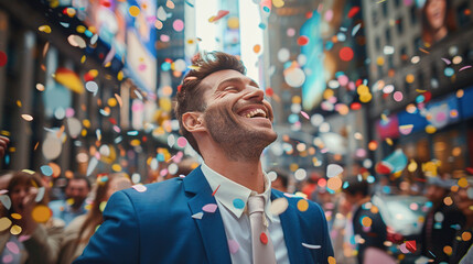 happy business person wearing a suit throwing confetti in a downtown city street - Powered by Adobe