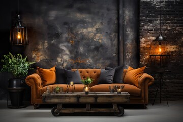 stylist and royal Stylish interior of room with comfortable big sofa near dark brick wall, space...