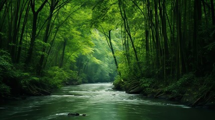 River in the wild with bamboo forests and sunlight