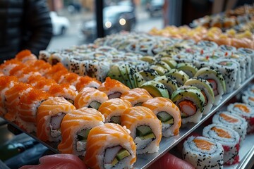 An array of sushi and sashimi, elegantly arranged, highlighting the freshness and variety of the selection.