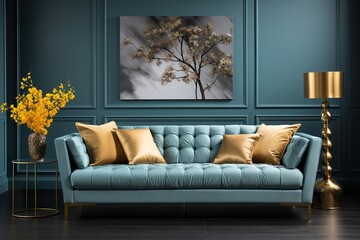 stylist and royal Stylish living room interior with comfortable sofa, space for text, photographic