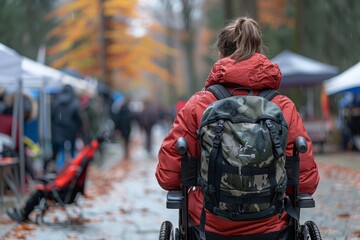 A person in a wheelchair with a red jacket and beanie faces a rainy autumnal outdoor market.