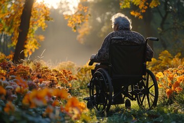 A senior in a wheelchair enjoys a sunny autumn day amidst vibrant flowers in a park.