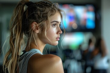 A focused young woman with a ponytail and workout attire in a gym, with blurred television screens in the background.