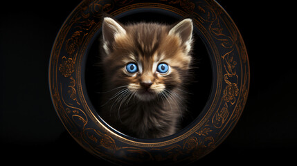 brown kitten with blue eyes in the black plate