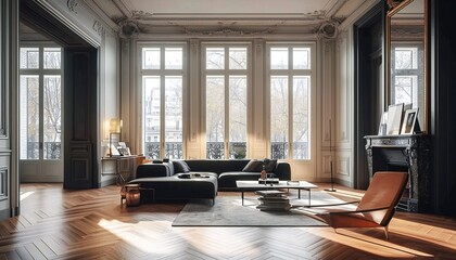 Parisian Apartment Interior with Classical Architecture - obrazy, fototapety, plakaty