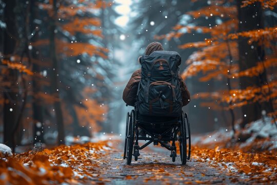 A wheelchair user on a forest path in autumn, representing solitude and connection with nature.
