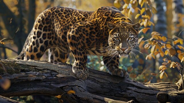 Amur Leopard Walking Along Tree Fallen, Banner Image For Website, Background, Desktop Wallpaper