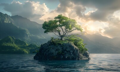 a green island in the middle of the ocean  - obrazy, fototapety, plakaty