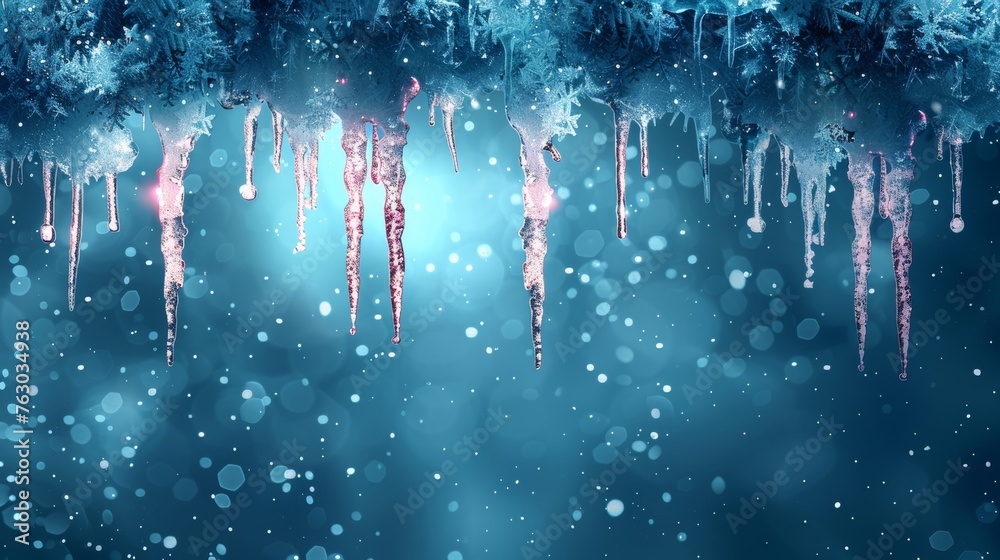 Poster modern illustration with icy christmas background and snow and icicles, featuring the 2018 new year 