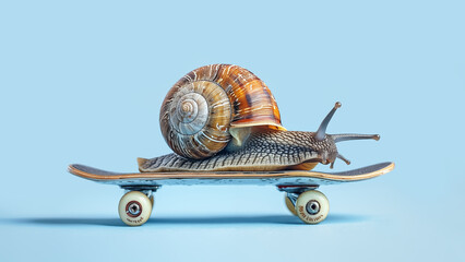 Close-up of garden snail on a skateboard isolated on pastel blue background. Creative concept. Accelerated development, giving boost to slow moving business or speed up success.