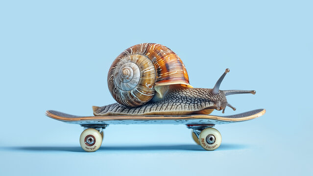 Close-up of garden snail on a skateboard isolated on pastel blue background. Creative concept. Accelerated development, giving boost to slow moving business or speed up success.
