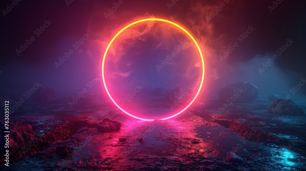 Aufkleber Modern Lively Neon Ring with Glow. Modern Round Frame with Empty Space for Text. Abstract Bright Neon Loop with Transparency. Colorful Shine, Flare. Illustration for Advertising, Banner, Card.