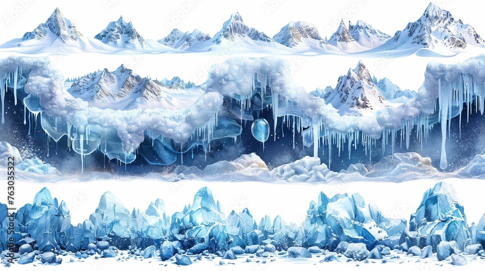 Poster modern illustration of snowball effect with frost snowcap. isolated winter modern set. illustration 