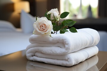 stylist and royal Roll of clean bath towel on white table, copy space | folded terry towels lie on clean white bed