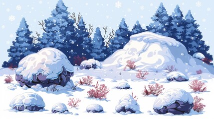 Set of snow caps, snowballs, and snowdrifts. Winter decoration element. Snowy elements on a winter background. Cartoon template. Snowfall and snowflakes in motion. Illustration.