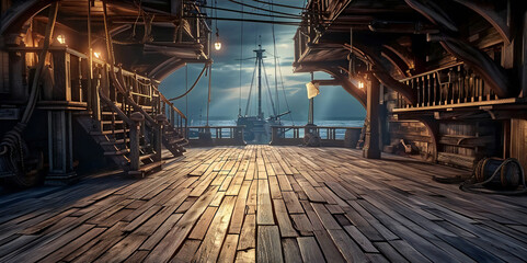 Pirate Ship Deck with Sea View at Dusk - obrazy, fototapety, plakaty
