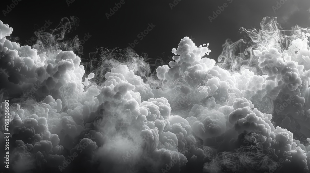 Sticker Cloud isolated on black background with textured smoke, brush effect clouds and abstract white background.