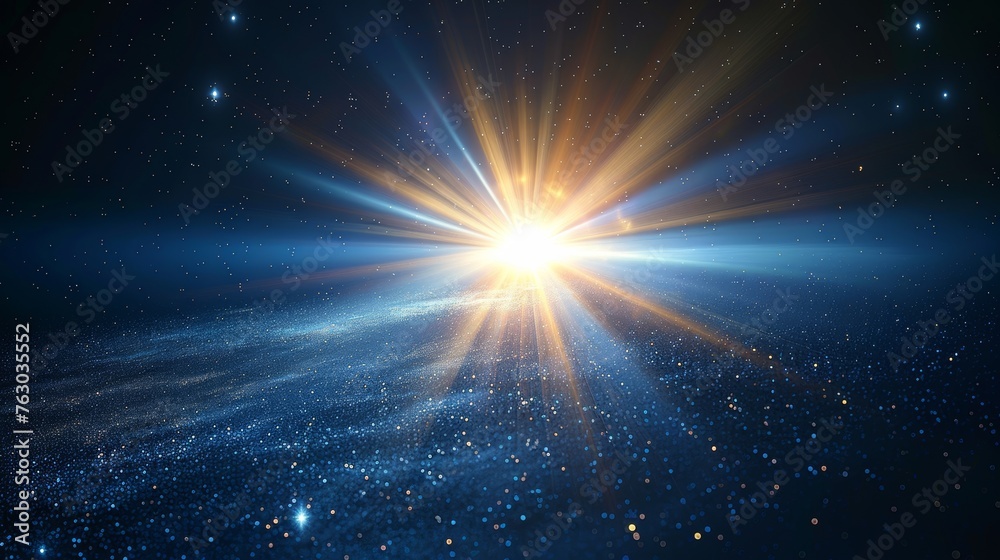 Poster An effect of modern transparent sunlight on the front of the lens. A modern blur in the light of radiance. An element of decor. Horizontal stellar rays and searchlights.