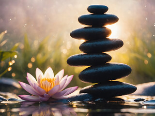 Lotus and balanced stones stack in water in pond. AI generated image, ai. Balanced stones stack in water.