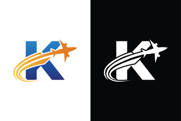 Initial letter K Air Travel Logo icon Design with plane graphic element, symbol, sign for travel agency logo design. letter K Air travel logo design template-vector.