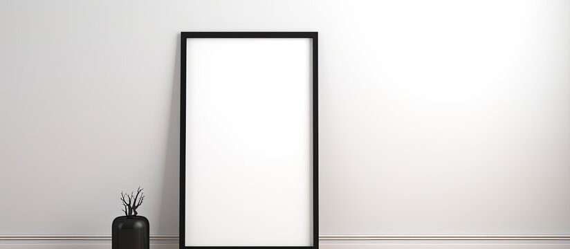 A rectangular fulllength mirror made of wood and glass leans against a white wall next to a vase, creating an artistic display. The monochrome photography captures the tints and shades of the scene