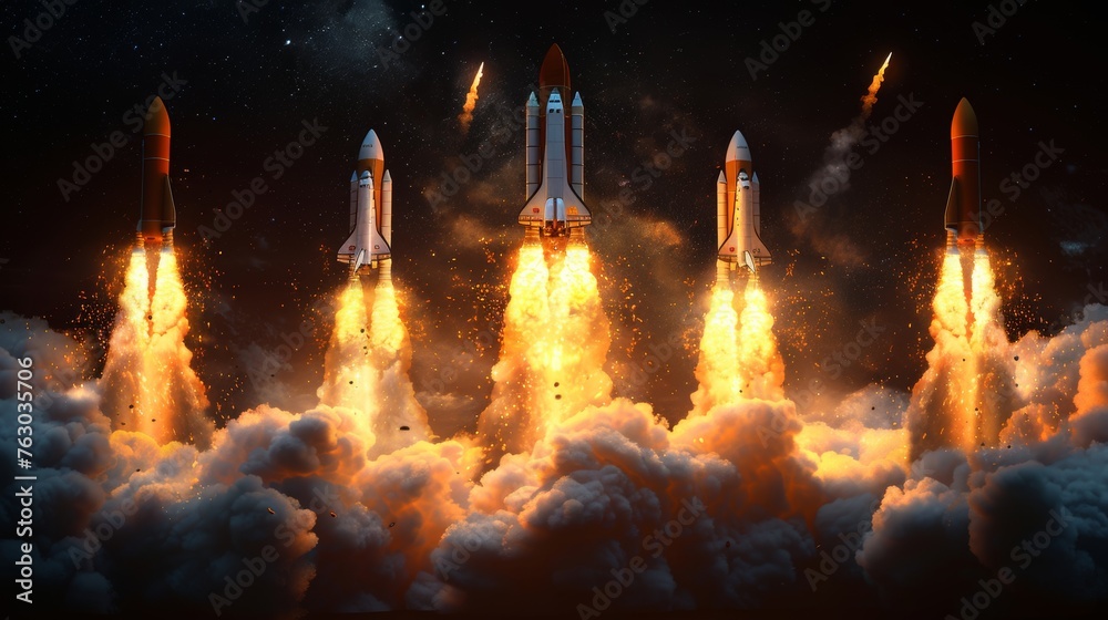 Poster Rocket launch or startup jet flames, airplane shuttle contrails, modern realistic spacecraft startup launch elements, isolated on transparent background.