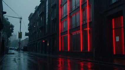 A rainy city street at night.