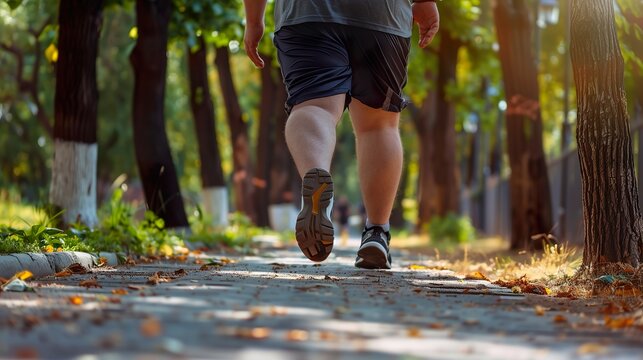 A close-up of an overweight man's legs running in the park. Back view. Weight loss concept.
