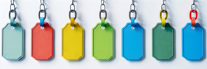 Collection of Colorful, Blank Identity Tags with Silver Chains on a white Background