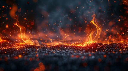 An abstract light background with fire sparks and fire embers. The Bonfire in motion is lit by dark glitter and fire particles. - obrazy, fototapety, plakaty