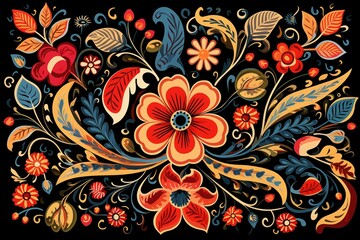 floral pattern emerges from a dark background in this digital illustration, reminiscent of traditional folk art and embroidery