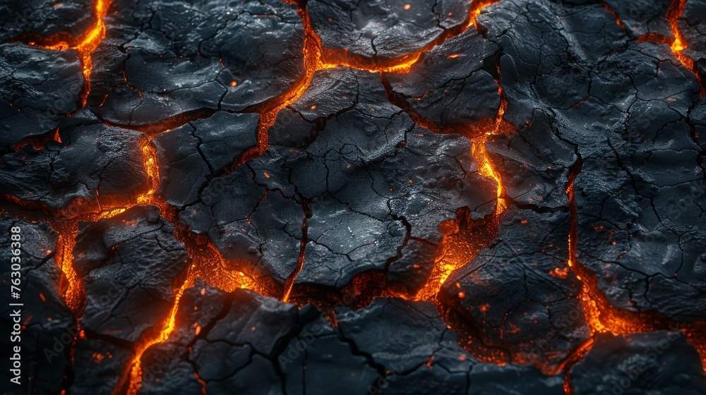 Poster Isolated on a black background, realistic 3D modern set of lava in ground cracks, volcano magma glow texture in cracking holes, ruined land surface after earthquake disaster.